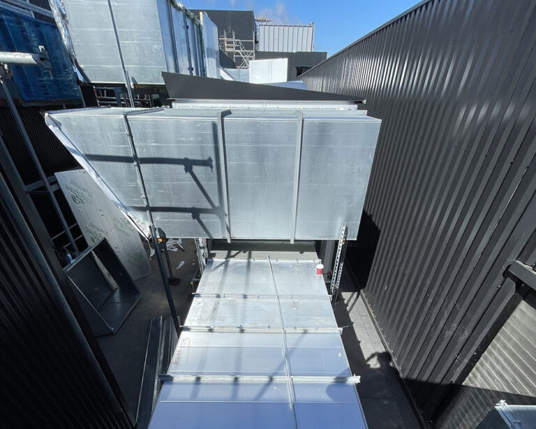 Installation of Industrial ventilation system in Dagenham Film studios, London, by Maslev Vent